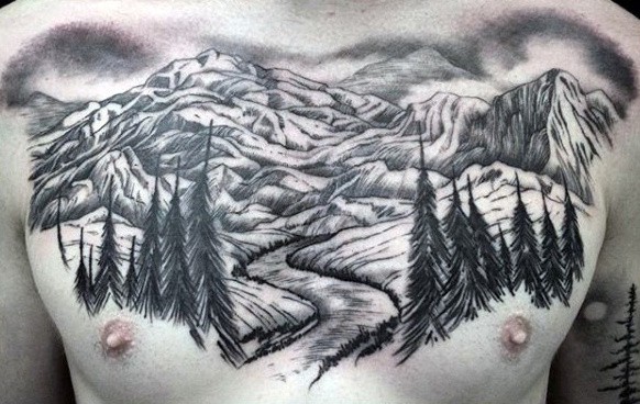 Mountain Forest Male Upper Chest Tattoos