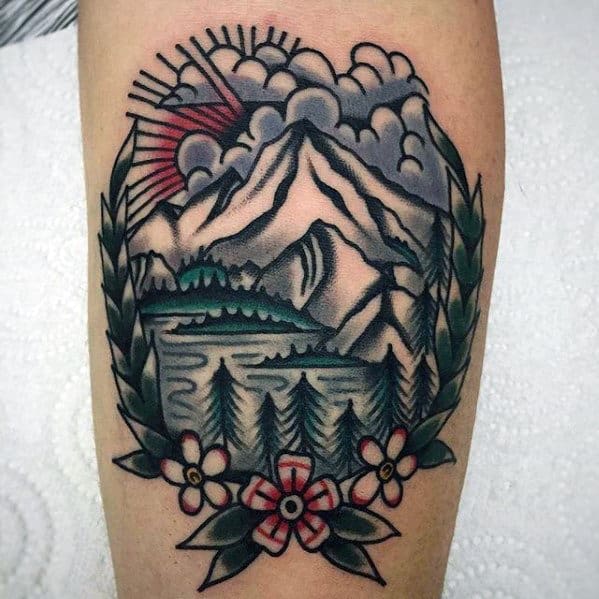 Mountain Landscape With Flowers Mens Traditional Forearm Tattoo