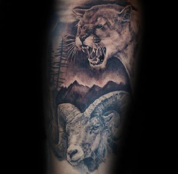 Mountain Lion With Ram Guys Sleeve Tattoo