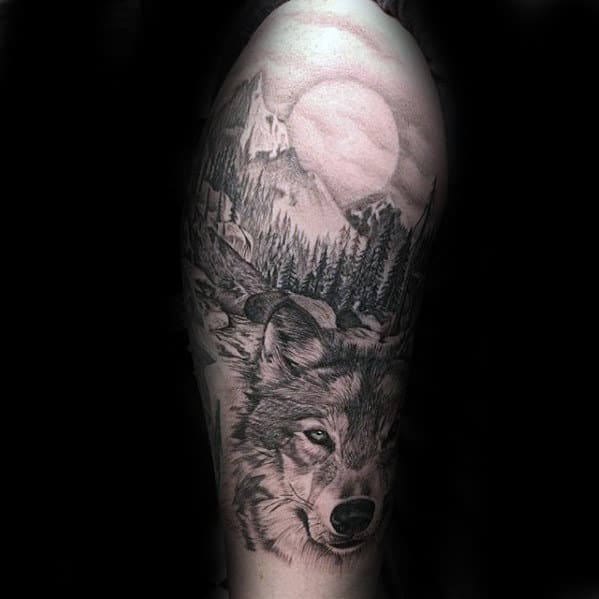 Mountain Nature Landscape With Wolf Realistic Mens Half Sleeve Tattoo