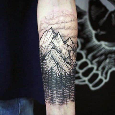 Mountain Top Pine Tree Forest Men's Tattoo