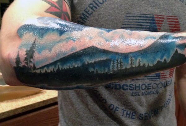 Mountain With Clouds Mens Forearm Sleeve Tattoos