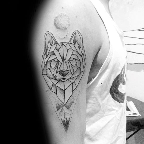 Mountain With Sun And Moon Male Geometric Wolf Upper Arm Tattoos