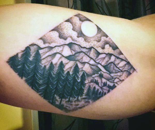 Mountains And Pine Trees Tattoo For Men