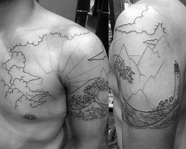 Mountains With Clouds Rising Sun Mens Arm And Chest Tattoo With Outline Design