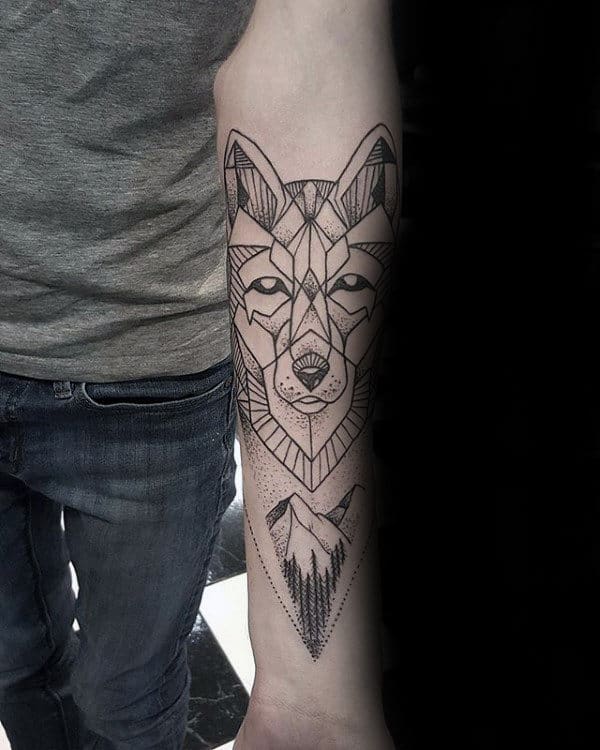 Mountains With Forest Male Geometric Wolf Inner Forearm Tattoos