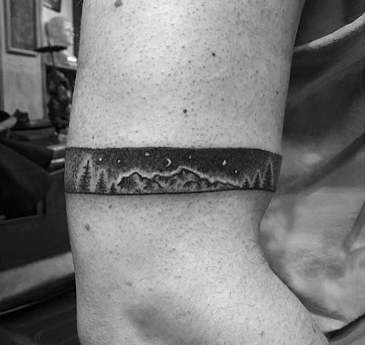 Mountains With Pine Trees And Night Sky Stars Male Armband Tattoo