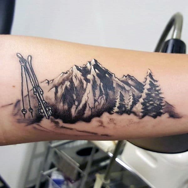 Mountains With Skis Mens Forearm Tattoo