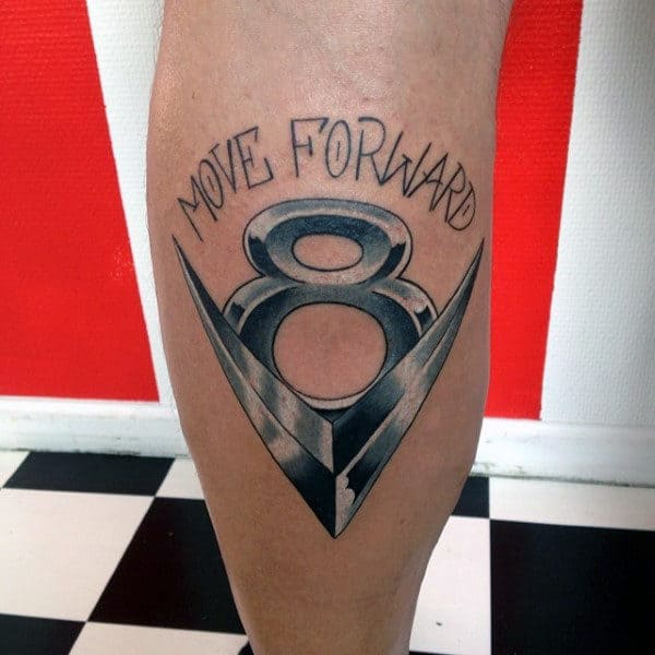 Move Forward Mens Chrome V8 Tattoo On Leg Calf