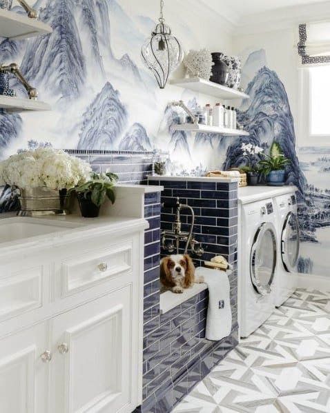 luxury laundry mountain wallpaper blue subway tile dog shower and bath white cabinets 