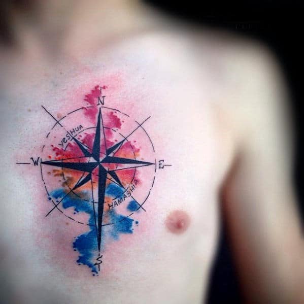 Multicolor Mens Watercolor Compass Chest Tattoo Design Ideas
