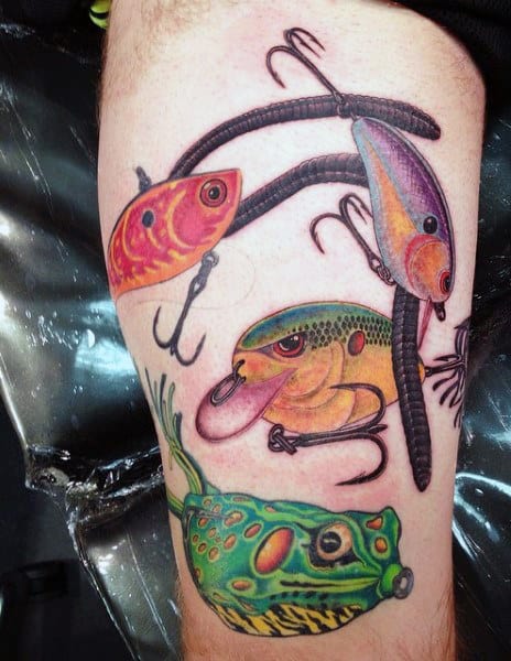 Multiple Fish Hooks With Worms Mens Fishing Themed Tattoo On Arm
