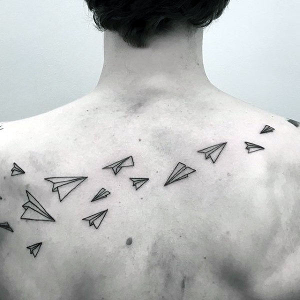 Multiple Paper Airplanes Mens Upper Back Tattoo