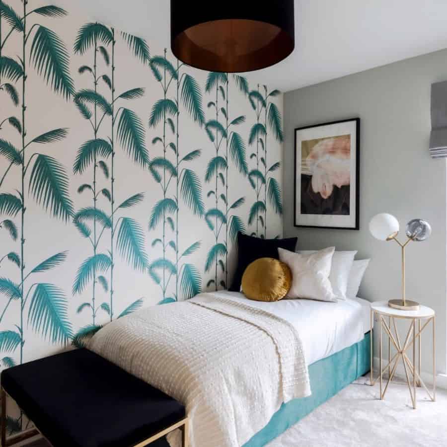 palm tree wallpaper in small spare bedroom 