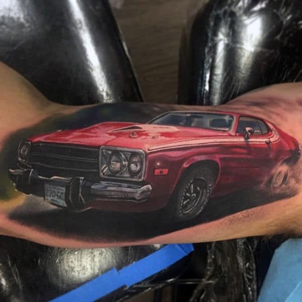 Red Muscle Car Tattoo For Men On Bicep