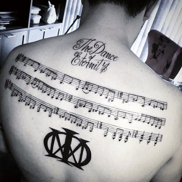 Music Note Song Sheet Mens Upper Back Tattoo Designs