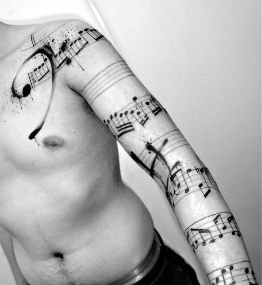 Music Notes Wrapping Around Arm Mens Full Sleeve Paint Brush Stroke Tattoos