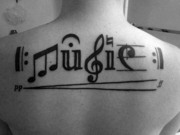 Music Word With Notes Design Guys Simple Upper Back Tattoo