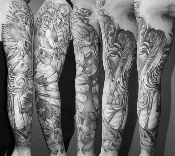 Musical Artists Mens Full Sleeve Shaded Black And Grey Tattoo Design Ideas