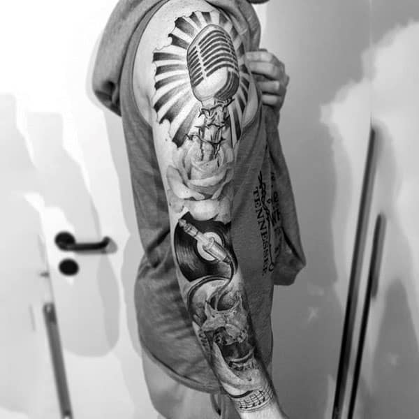 Musical Black And Grey Tattoo With Haloed Microphone Mens Sleeves
