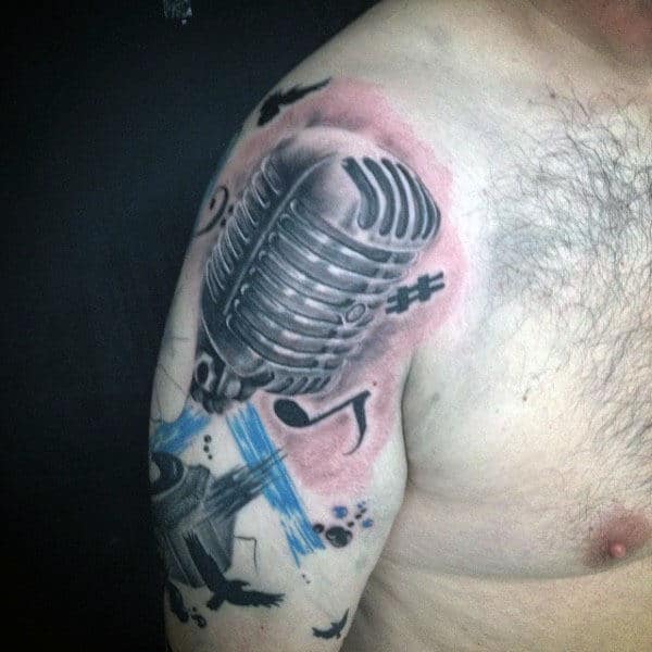 Musical Microphone Tattoo With Birds On Male Arms