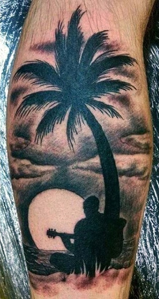 Musical Night Under Palm Tree Tattoo For Men On Legs