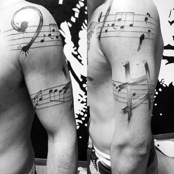 Musical Notes Brush Stroke Male Arm Tattoo Ideas