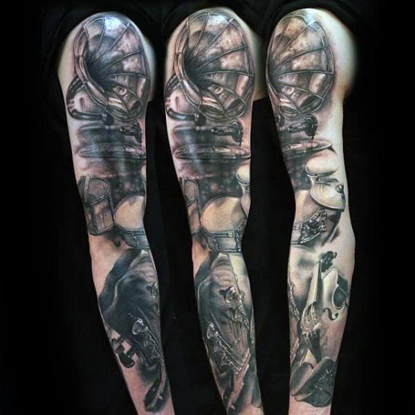 Musical Themed Mens Full Sleeve Tattoos With Shaded Drums