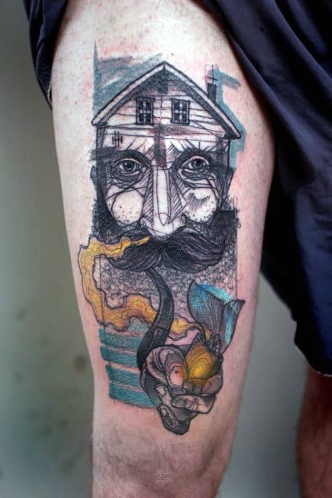 Mustache House Abstract Leg Tattoos For Men