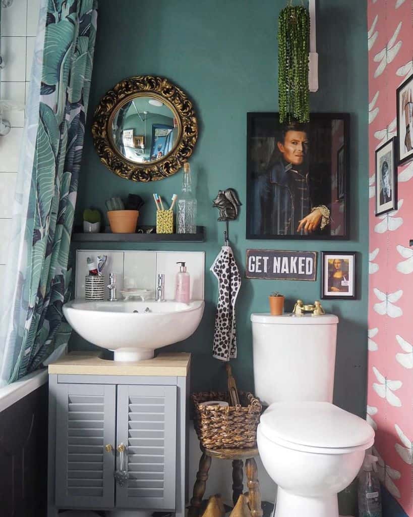 vintage powder room with green accent wall and retro decor 