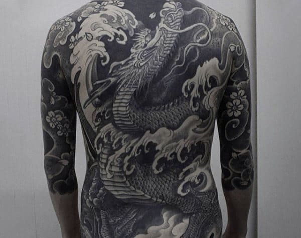 Muted Greyish Oriental Design Tattoo Mens Full Back