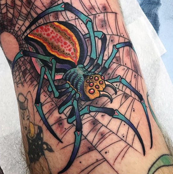 Muticolored Spider On Web Tattoo For Men Legs