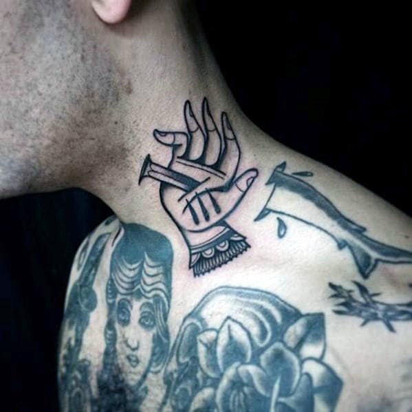 Nail In Hand Guys Traditional Neck Tattoos