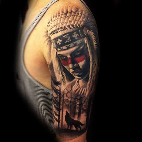 Native American Female With Wolf Tree Sleeve Mens Tattoo Ideas