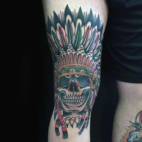 Native American Indian Knee Skull Male Tattoos