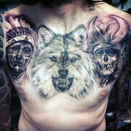 Native American Indian Wolf Mens Upper Chest Tattoo Ideas