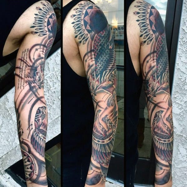 Native American Style Hawk Tattoo Full Sleeve On Guy