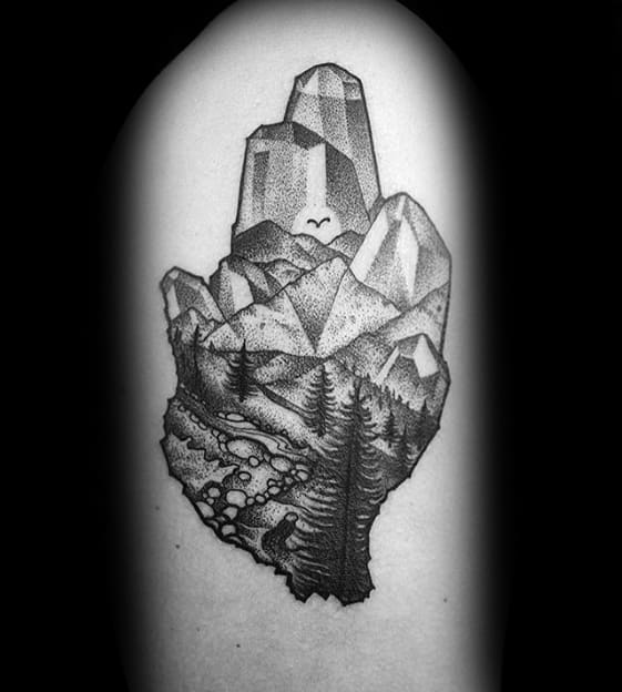 Nature Landscape Crystal Mens Thigh Tattoo.