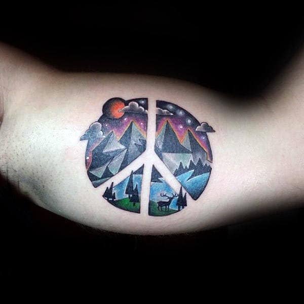 Nature Peace Sign Negative Space Tattoo On Mans Biceps