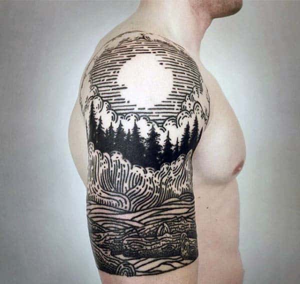 Nature Pine Tree With Sun Woodcut Guys Tattoos Half Sleeve