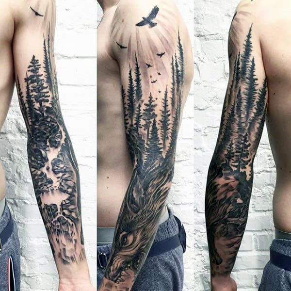 Nature Pine Trees With Wolf Unique Mens Sleeve Tattoo