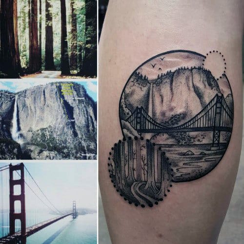 Nature Scene With Golden Gate Bridge Mens Circle Leg Tattoo