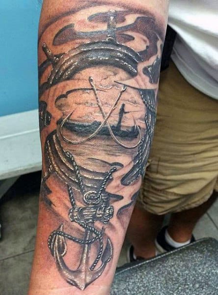 Nautical Anchor Sea Fish Hook Tattoo On Arm For Males