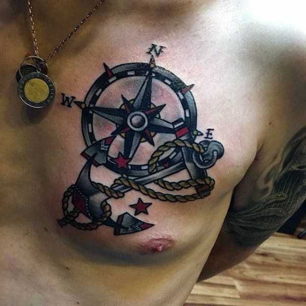 Nautical Compass Male Traditional Anchor Upper Chest Tattoo