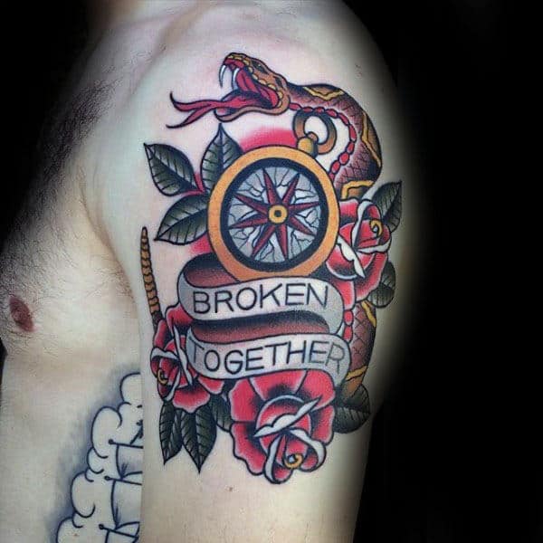 Nautical Compass Mens Rose Flower Old School Rattlesnake Upper Arm Tattoos