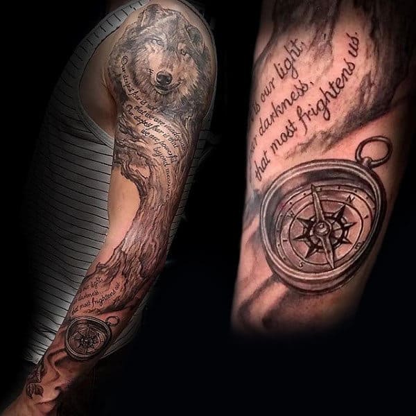Nautical Compass With Wolf Mens Tree Sleeve Tattoos