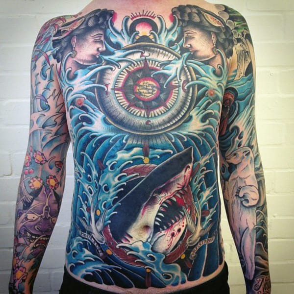 Nautical Shark And Compass Male Traditional Chest Tattoo