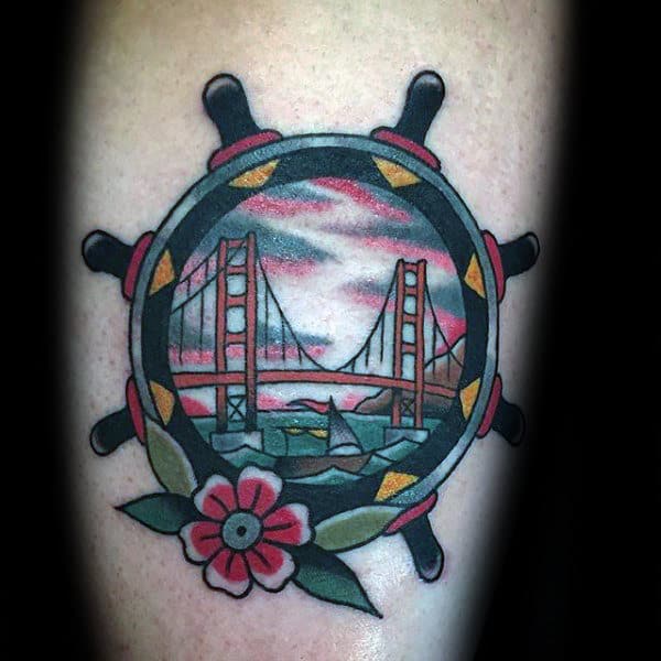 Nautical Ship Wheel Golden Gate Bridge Mens Traditional Tattoos