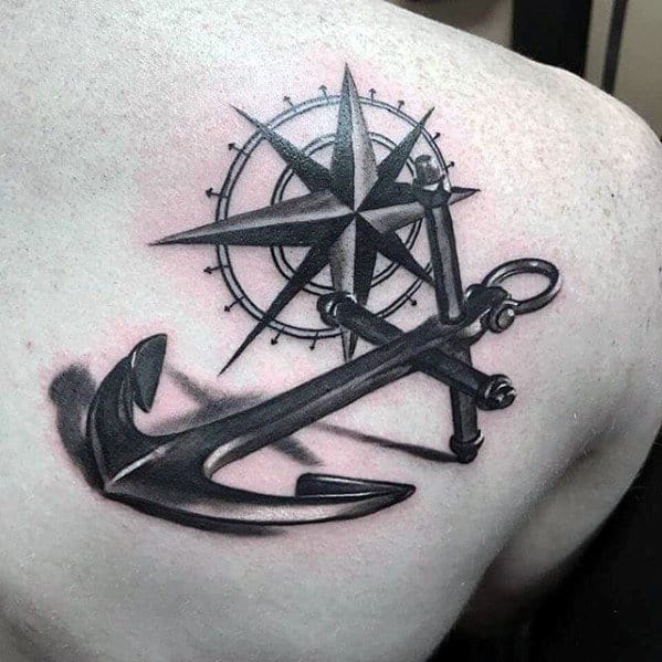Nautical Star With Realistic Anchor Mens Shoulder Tattoo