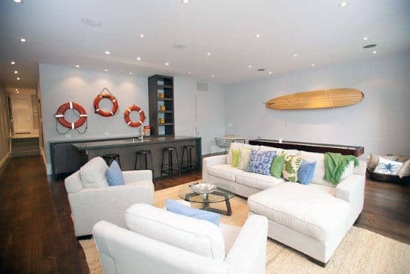 coastal-themed basement living room